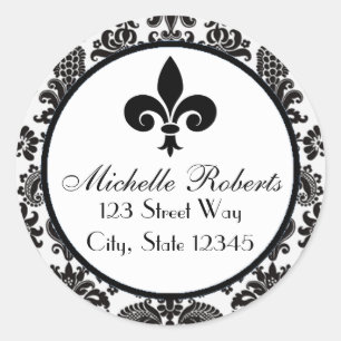 Black Damask Fleur De Lys-Adressetikett Runder Aufkleber