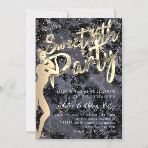 Black Damask Gold Confetti Sweet 16. Party Einladung
