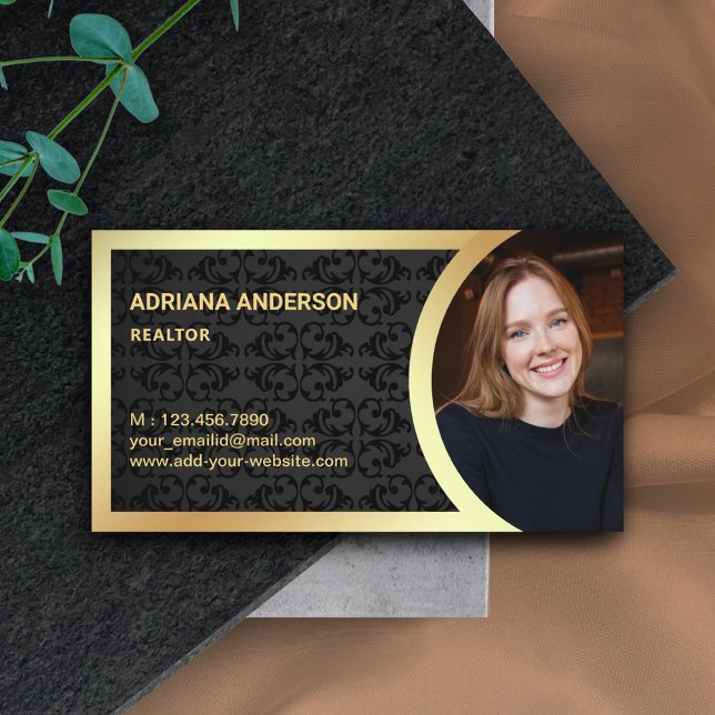 Black Damask Gold Foil Real Anwesen Foto Realtor Visitenkarte (Von Creator hochgeladen)