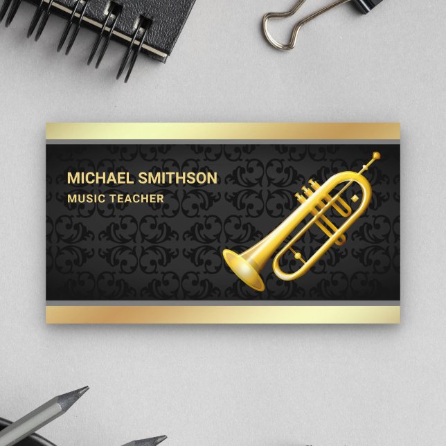 Black Damask Gold Foil Trumpet Music Teacher Visitenkarte (Von Creator hochgeladen)