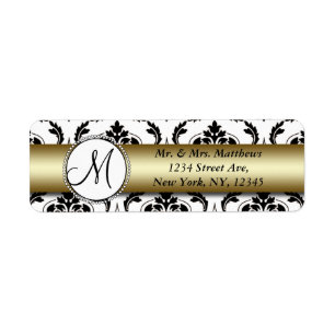 Black Damask Gold Monogram Rücksendeadresse