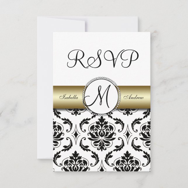 Black Damask Gold Wedding RSVP Karte (Vorderseite)