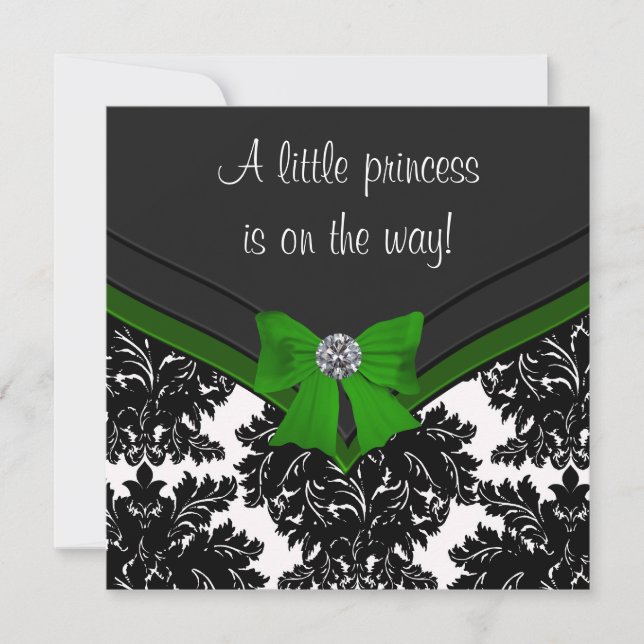Black Damask Green Bow Princess Baby Dusche Einladung (Vorderseite)