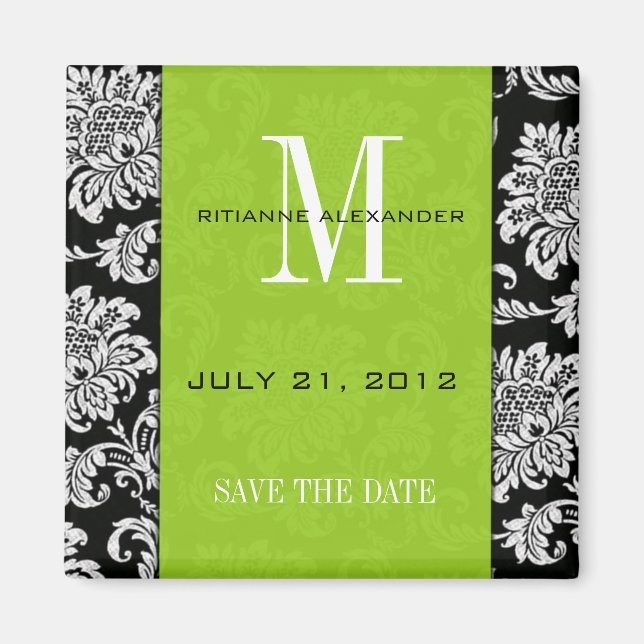 Black Damask Green Monogram Save the Date Magnet (Vorne)