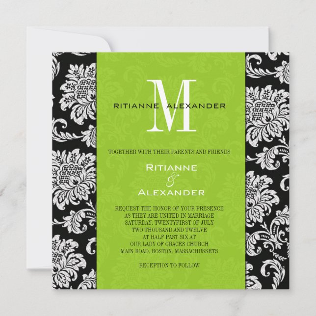 Black Damask Green Monogram Wedding Einladung (Vorderseite)