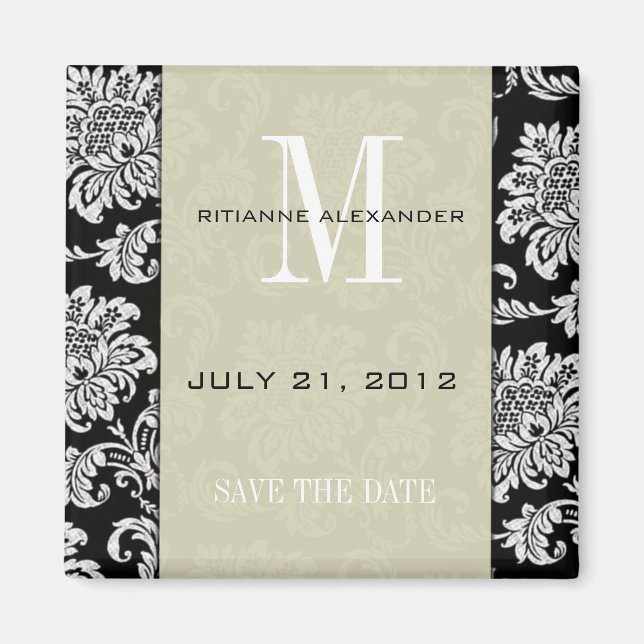 Black Damask Grey Monogram Save the Date Magnet (Vorne)