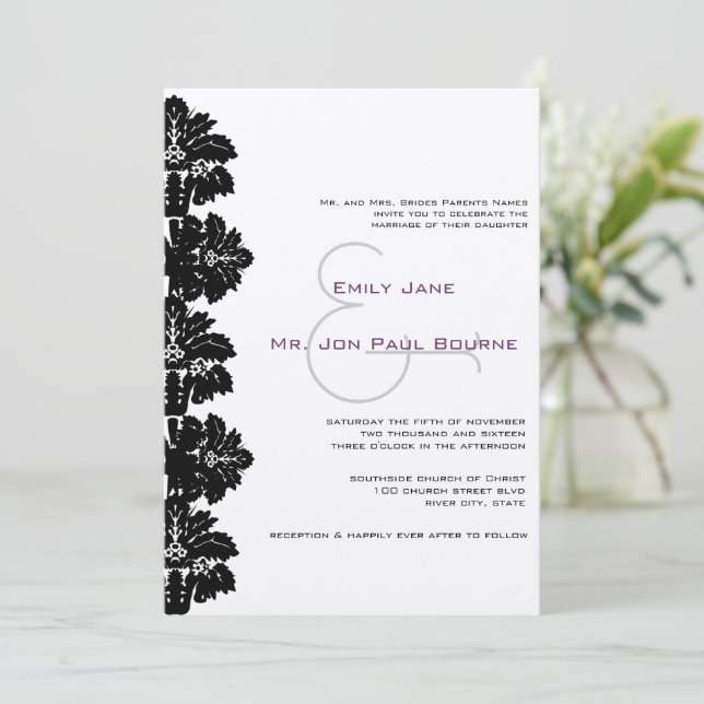 Black Damask Hochzeitseinladungen Einladung (Stehend Vorderseite)