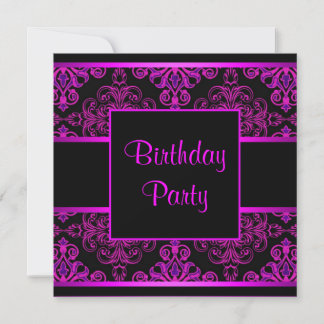 Black Damask Hot Pink Lila Geburtstagsparty Einladung