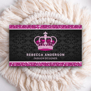 Black Damask Imitats Hot Pink Glitzer Royal Crown Visitenkarte