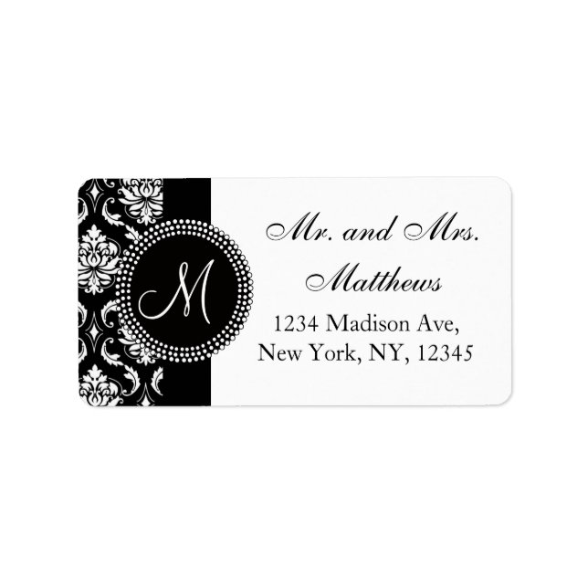 Black Damask Initial Wedding RSVP Address Label Adressaufkleber (Vorne)