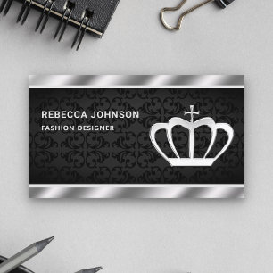Black Damask Metallic Steel Silver Crown Visitenkarte
