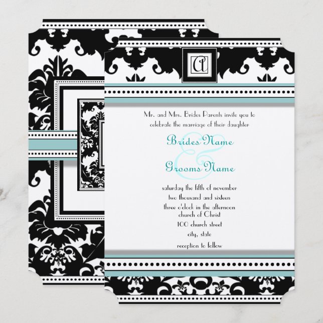 Black Damask mit Aqua Trim Wedding Einladung (Vorne/Hinten)