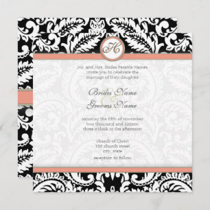 Black Damask mit Coral & Gray Einladungen für Hoch