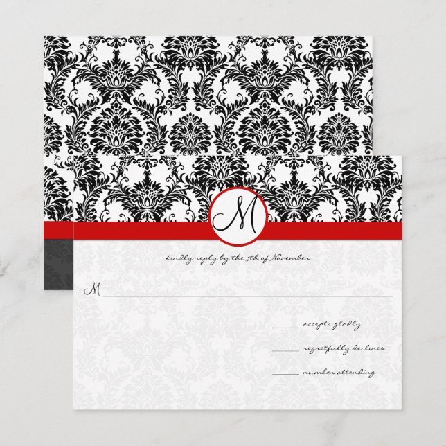 Black Damask mit Red Trim Wedding Einladung (Vorne/Hinten)