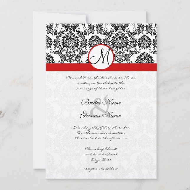 Black Damask mit Red Trim Wedding Einladung (Vorderseite)