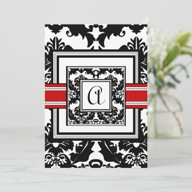 Black Damask mit Red Trim Wedding Einladung (Stehend Vorderseite)