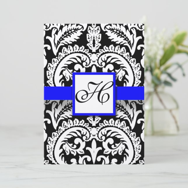 Black Damask mit Royal Blue Wedding Einladung (Stehend Vorderseite)