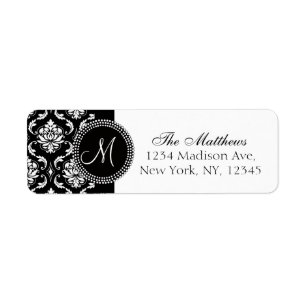 Black Damask Monogram Rücksendeadresse