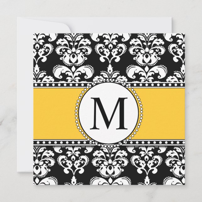 Black Damask Monogram Wedding Einladungen Gelb (Vorderseite)