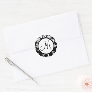 Black Damask Monogram Wedding Siegel Runder Aufkleber