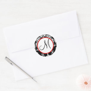 Black Damask Monogram Wedding Siegel Runder Aufkleber