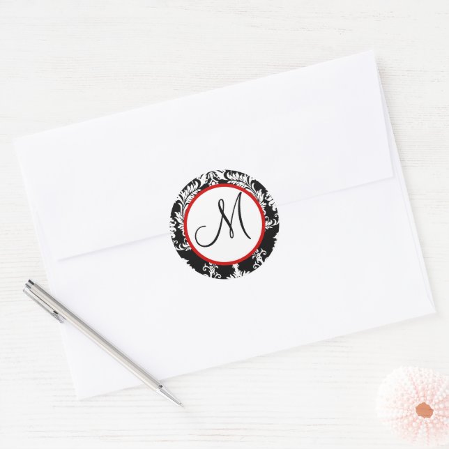 Black Damask Monogram Wedding Siegel Runder Aufkleber (Umschlag)