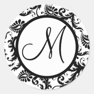 Black Damask Monogram Wedding Siegel Runder Aufkleber