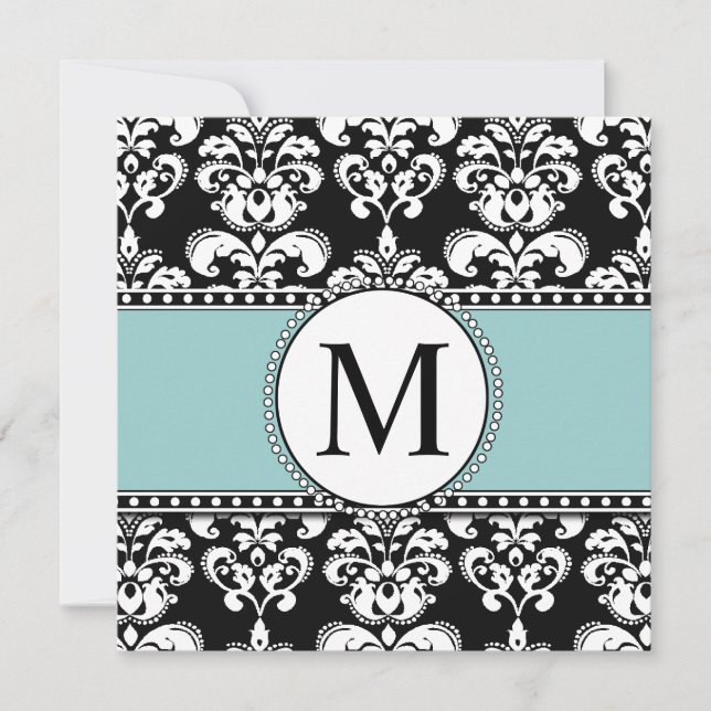 Black Damask Monogram Weditations Blue Einladung (Vorderseite)