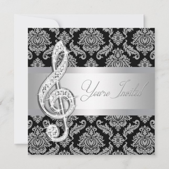 Black Damask Music Treble Clef Einladungen (Vorderseite)