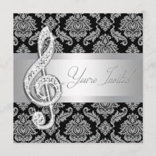 Black Damask Music Treble Clef Einladungen