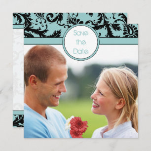Black Damask on Aqua Wedding Save the Date Einladung