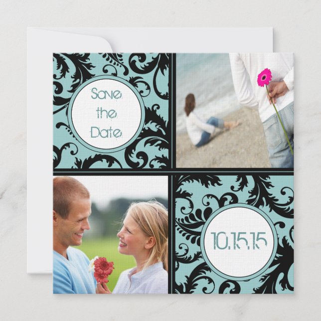 Black Damask on Aqua Wedding Save the Date Einladung (Vorderseite)