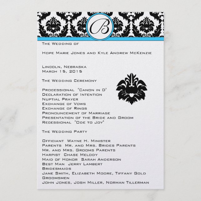 Black Damask on White Aqua Trim Wedding Program Programm (Vorderseite)