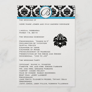 Black Damask on White Aqua Trim Wedding Program Programm