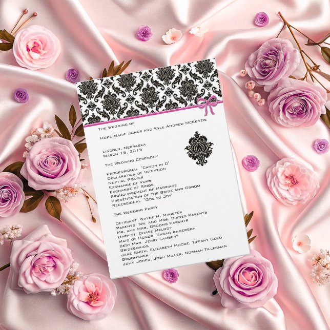 Black Damask on White Pink Trim Wedding Programm (Von Creator hochgeladen)