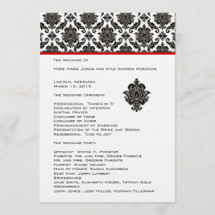 Black Damask on White Red Trim Wedding Program Programm