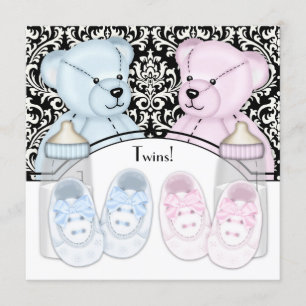 Black Damask Pink Blue Teddy Bear Twin Baby Dusche Einladung