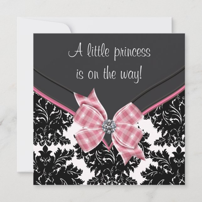 Black Damask Pink Bow Princess Baby Dusche Einladung (Vorderseite)