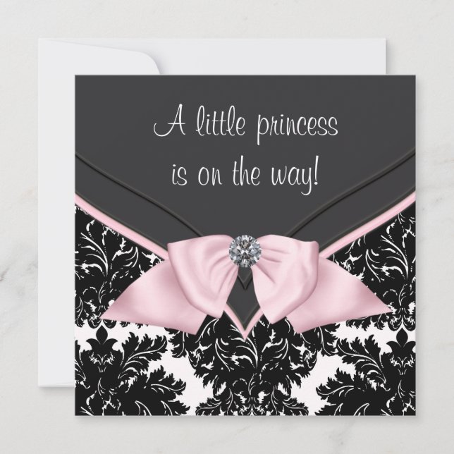 Black Damask Pink Bow Princess Baby Dusche Einladung (Vorderseite)