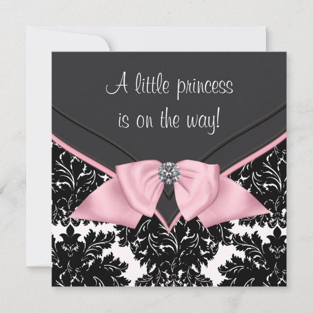 Black Damask Pink Bow Princess Baby Dusche Einladung (Vorderseite)
