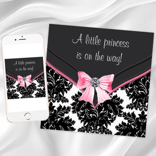 Black Damask Pink Bow Princess Baby Dusche Einladung (Pink black damask baby shower invitation. Add text of your choice to front and back. Digital & Print)