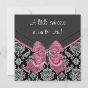 Black Damask Pink Bow Princess Baby Dusche Einladung