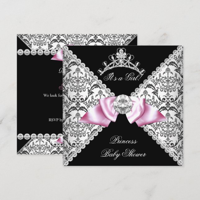 Black Damask Pink Bow Princess Baby Dusche Rosa Einladung (Vorne/Hinten)