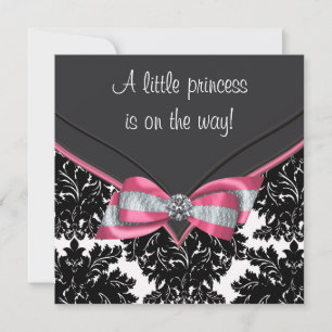 Black Damask Pink Bow Princess Babydusche Einladung