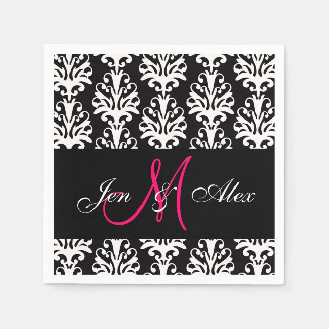 Black Damask Pink Monogram Wedding Paper Napkins Serviette (Vorderseite)
