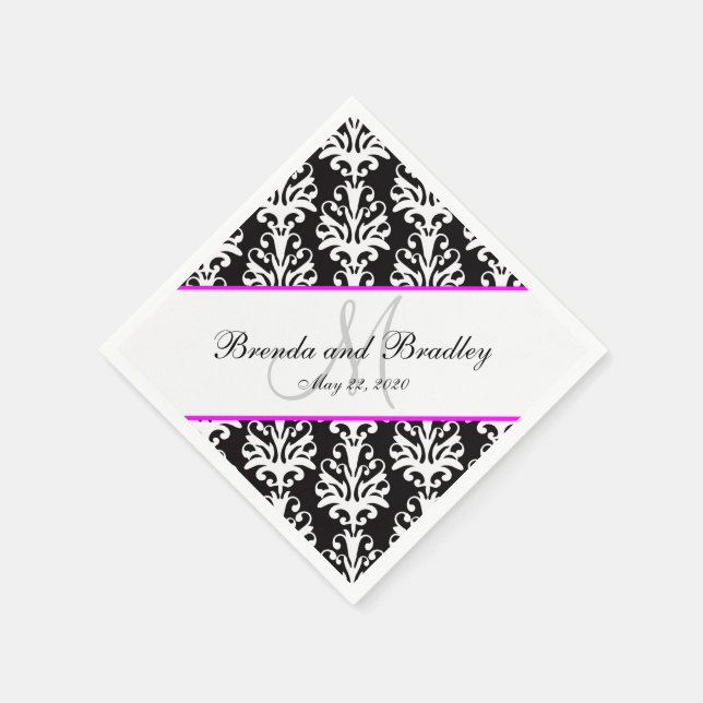 Black Damask Pink Monogram Wedding Paper Napkins Serviette (Ecke)