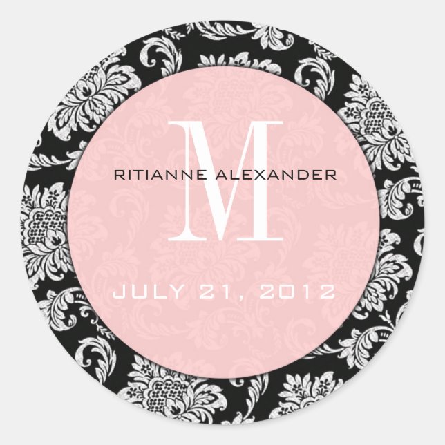 Black Damask Pink Monogram Wedding Sticker (Vorderseite)