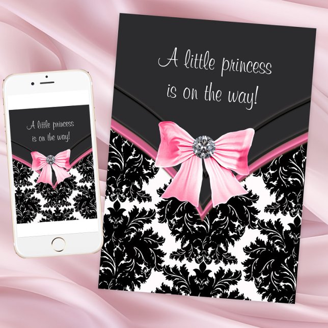 Black Damask Pink Princess Baby Dusche Einladung (Pink and black damask baby shower invitation. Change all text. Download and printed available.)