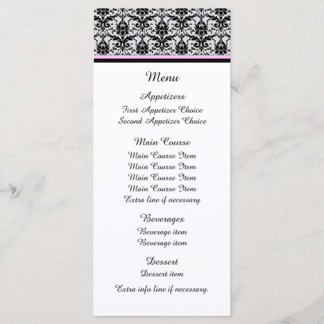Black Damask Pink Wedding Menu Menükarte (Vorderseite)