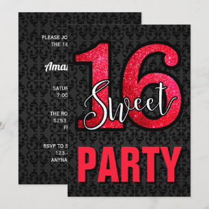 Black Damask Red Glitzer Sweet 16 Geburtstagsparty Einladung